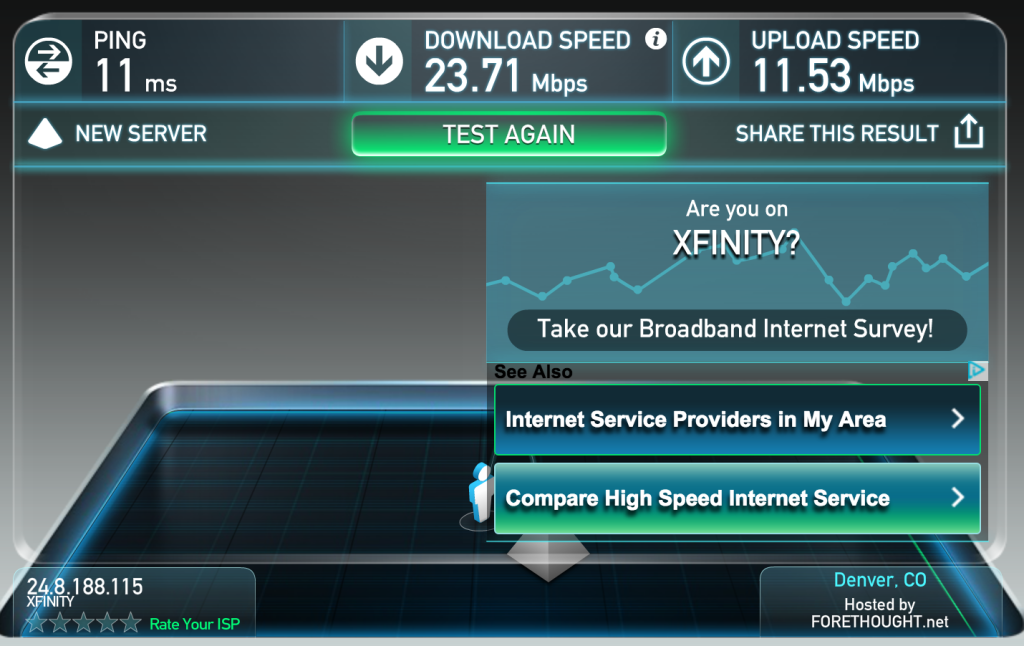 Screen Shot of my XFINITY internet speed